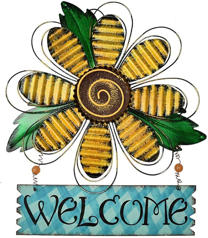 Large Rustic Metal Yellow Flower Welcome Wall Art Decor Hanging Metal Flower Welcome Door Wreath Kitchen Living Room Bathroom Patio Garden Yard Wall Decoration