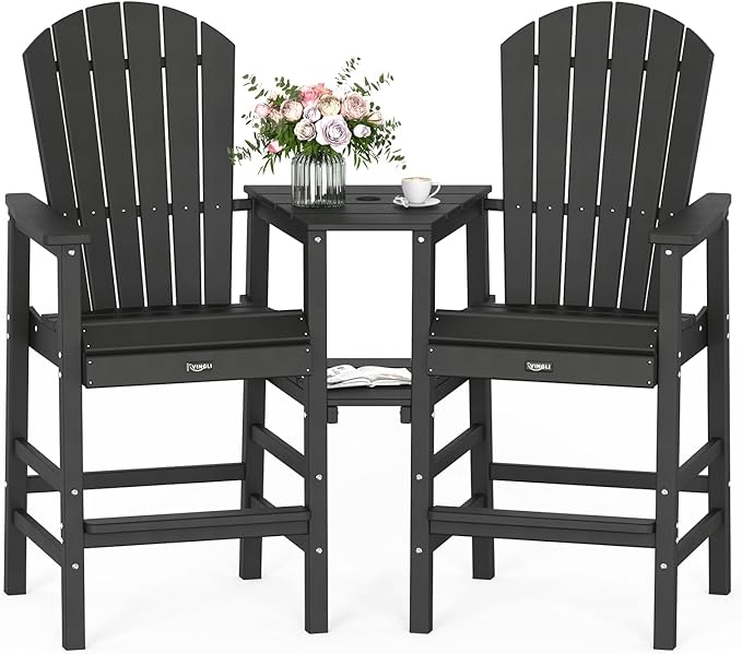 VINGLI Tall Adirondack Chairs Set of 2, All Weather HDPE Bar Height Adirondack Chair with Double Trays, Adirondack Barstools for Balcony, Poolside, Backyard and Patio (Black)