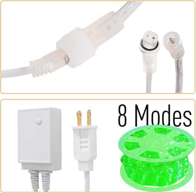 Waterproof LED Rope Lights, Connectable & Flexible with 8 Modes, Outdoor Lighting for Deck, Garden, Pool, Patio & Christmas Decor (Green, 50ft)