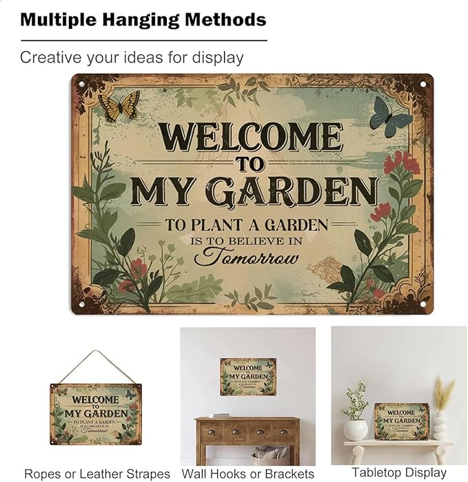 Garden Signs Vintage Metal Sign - Welcome to My Garden - Retro Gardening Signs for Outside Home Gardening Greenhouse Yard Outdoor Decor 8x12 Inch