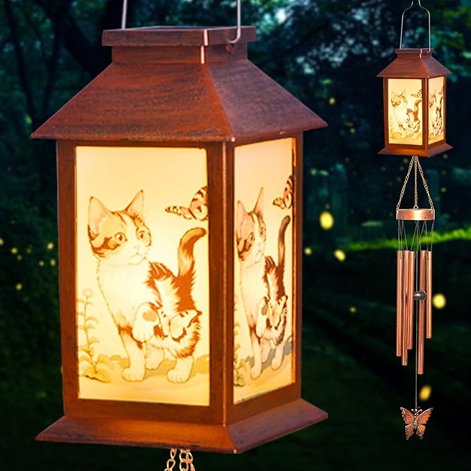 Cat Wind Chimes, Solar Cat Lights for Outside, Gifts for Cats Lovers, Birthday Gifts for Women, Mom, Ded, Grandma, Garden Lawn Yard Outdoor Decor Mobiles Wind Chime, Cats Themed Gift