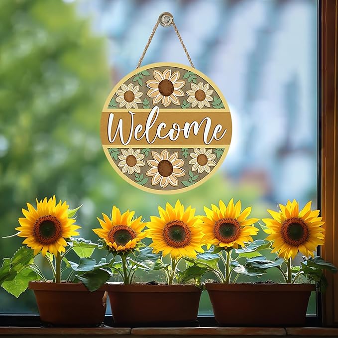 Welcome Sunflower Front Door Sign, Spring Summer Yellow Flower Wood Hanger Outdoor Outside Porch Home Decor, Fall Floral Wooden Wreath Indoor Wall Hanging Decoration
