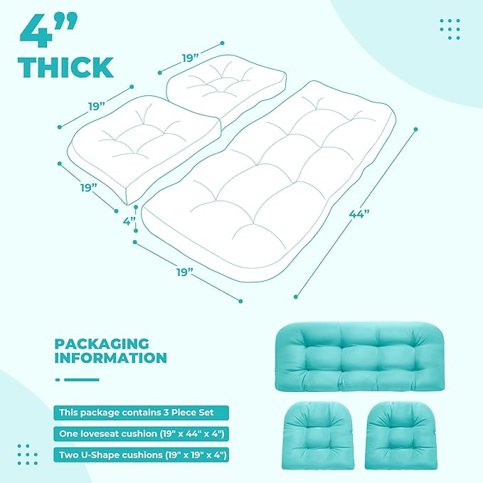Wicker Chair Cushions, Waterproof Outdoor Loveseat Cushions for Patio Furniture, Tufted Wicker Furniture Cushions, 1 Loveseat and 2 U-Shaped Cushions, Teal