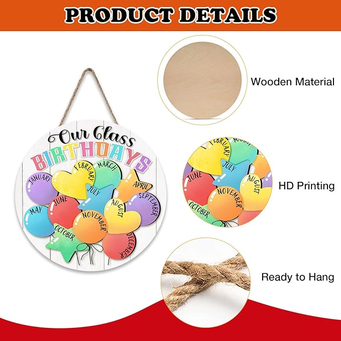 Our Class Birthdays Front Door Sign, Colorful Month Balloons Back to School Wood Hanger Kids Nursery Classroom Home Decor, Farmhouse Wooden Wreath Indoor Kindergarten Wall Hanging Decoration