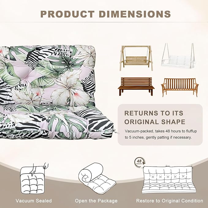 Porch Swing Cushion with Backrest,Waterproof Bench Cushion for Outdoor Furniture,2-3 Seater Replacement Thickened Swing Cushion with Ties,Patio,Outdoor,Backyard and Garden (Zebra Floral,60x40")