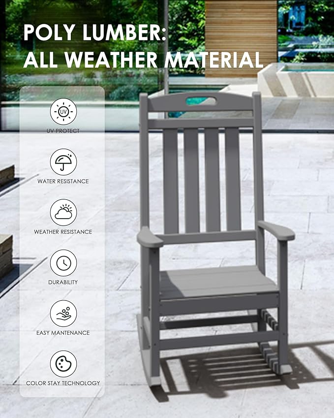 Outdoor Rocking Chair Set of 2, High Back Plastic Patio Rocking Chairs for Outside Porch Rocker Garden Lawn, All-Weather Resistant Poly Lumber Rocker Chair Outdoor, Slate Grey