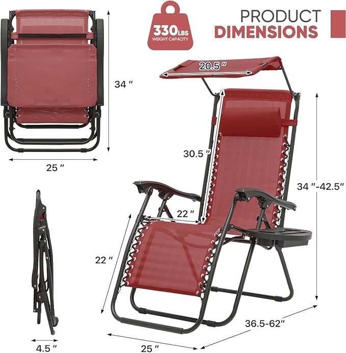 Magshion Zero Gravity Lounge Chair with Canopy, Outdoor Foldable Patio Reclining Chair with Side Tray, Adjustable Anti-Gravity Recliner with Pillow Headrest, Lounger for Lawn Camping Beach (Maroon)