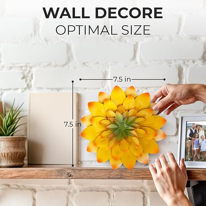 Everydecor Succulent Metal Flowers Wall Decor – Yellow, Hand Painted, 3D Flower Art Decoration for Living Room, Bedroom, Kitchen, Bathroom - Floral Decor for Indoor & Outdoor Use