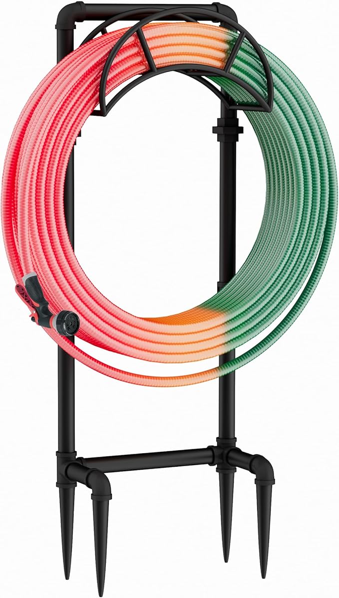 LAND·VOI Hose Holder, Garden Hose Storage Freestanding, Metal Heavy Duty Water Hose Holder Holds 150 Feet Hose, Detachable Hose Storage Hanger for Outside with 4 Spikes, for Lawn Yard, Black GHH02B