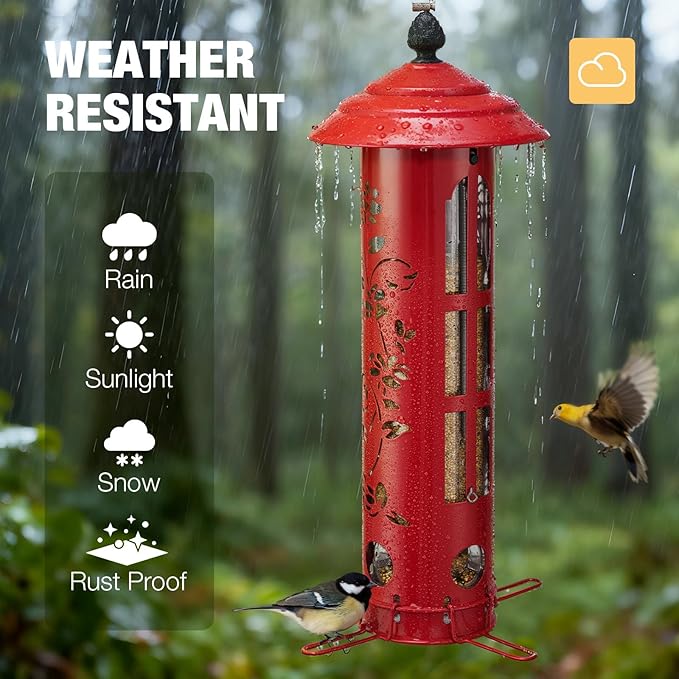 Veehoo Squirrel Proof Bird Feeder for Outdoors, Hanging Wild Bird Feeder Anti Squirrel with Weight-Activated Perches, Metal Cardinal Finch Feeder Outside Decorative for Thistle and Mixed Seed, Red