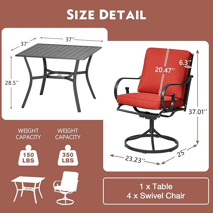 MELLCOM 5 Pcs Outdoor Dining Set, 4 Swivel Rocker Chairs with Thick Cushions & Square Dining Table with Umbrella Hole, Patio Furniture Set for Porch, Red