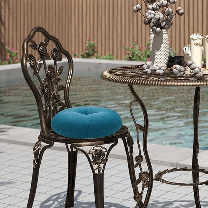 Bistro Chair Cushions 15 inch,Set of 2,Tufted Round Chair Cushions with Ties,15"x15"x4",Water Resistant Round Seat Cushion for Barstool Chairs,Patio Garden Kitchen Outdoor Furniture(Light Blue)