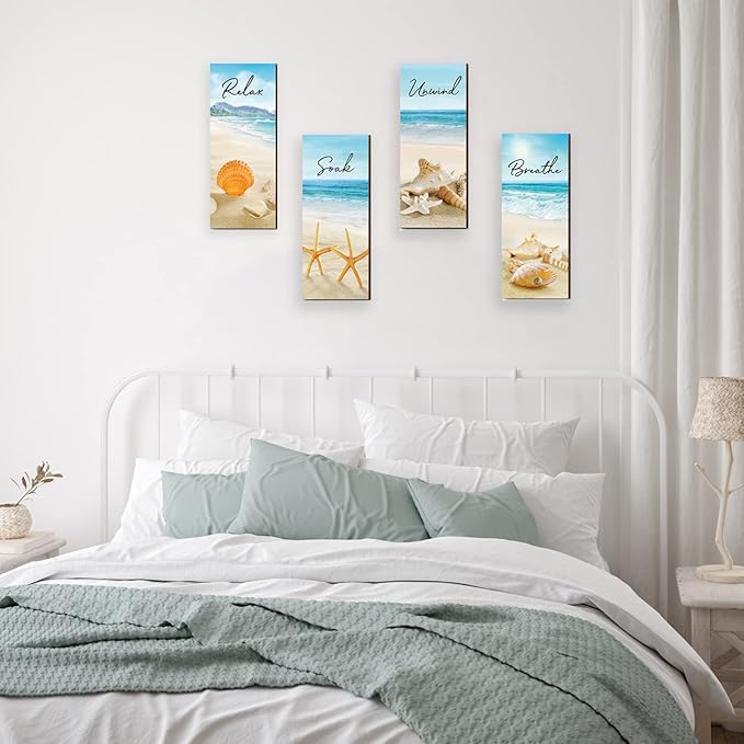 4 Pieces Beach Bathroom Decor Ocean Beach Wall Decors Relax Soak Unwind Breathe Blue Wall Art Hanging Sign Seashell Starfish Wooden Sign for Bathroom Living Room Laundry Spa Washroom(beach, 10x4 Inch)