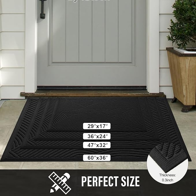 Sturdy Front Door Mat, Absorbent Muddy Dirt Resist Welcome Door Mats Outdoor Indoor, Stain and Fade Resistant, Non-Slip Backing Entry Mat Low Profile Doormat for Entryway, 47×32, Black