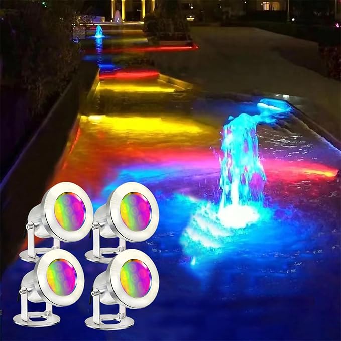 LED Pond Lights with Remote Control, 6W SS316 Stainless Steel RGB Underwater Fountain Light IP68 Waterproof Outdoor Underwater Lights for Pond Waterfall (4)