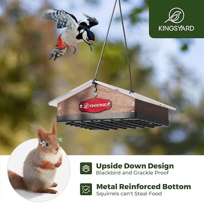 Kingsyard Upgraded Upside Down Suet Feeder for Outside Hanging - Recycled Plastic Wild Bird Feeder with Rainproof Roof for Attracting Woodpeckers Nuthatches Chickadees Finches. Brown
