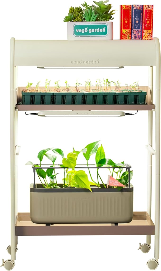 Vego garden 2 Tier Rolling Metal Corner Plant Stand Indoor with Grow Light, Full Spectrum LED Grow Light, Plant Rack for Seed Starting, Leafy, Herbs, Fruits & Microgreens