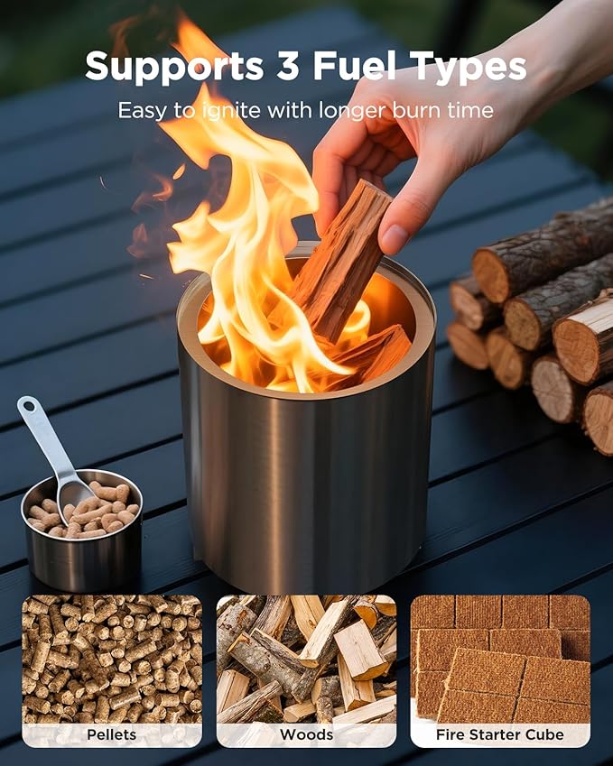 Ciays Smokeless Firepit with Stand, 7″ Tabletop Fire Pit for Camping with Patented Technology, Portable Fire Pit for Outside with Grill Rack, Fire Poker and Bag, Fueled by Pellets, Wood or Firestarter