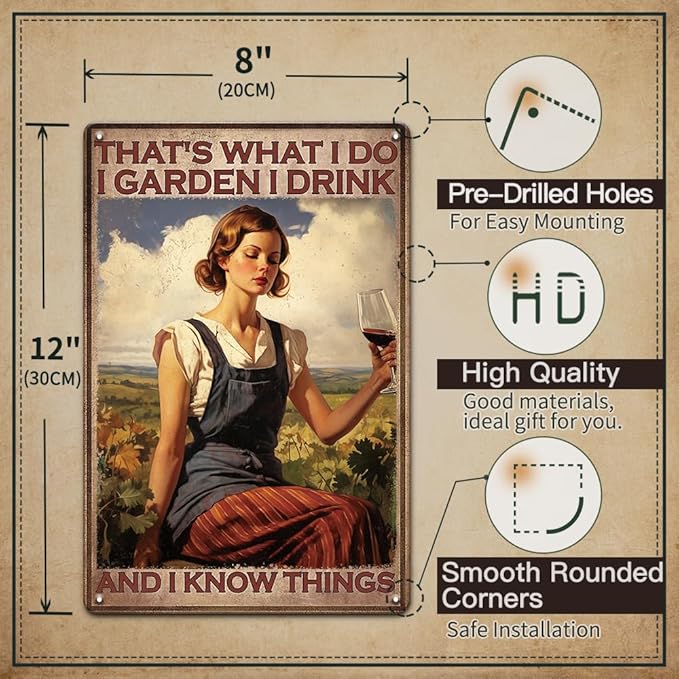 YOYI ART Vintage Metal Garden Signs for Outside - That's What I Do I Garden I Drink And I Know Things, Funny Tin Signs for Farmhouse, Patio Decor Wall Art, Gardening Gifts for Mom Women, 8 x 12 inch