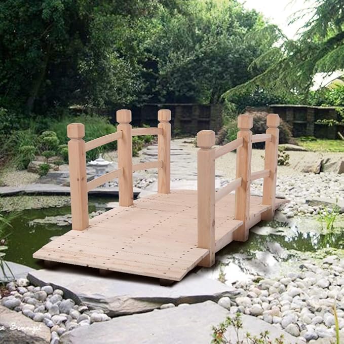 5 ft Garden Bridge for Outdoors, Wooden Bridge Pathway with Safety Rails Decorative Pond Landscaping, Small Wood Walkway Landscaping, Backyard, Creek or Farm, Stained Finished (Natural)