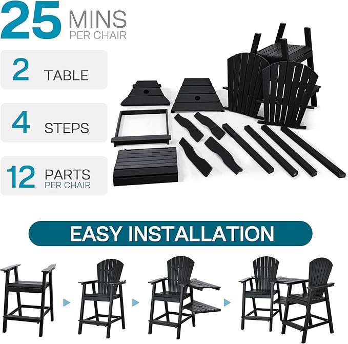 Tall Adirondack Chairs Set of 4, HDPE Balcony Chair with Double Connecting Tray, Weather Resistant Outdoor Adirondack Bar Stools for Patio, Deck, Patio, Backyard, Balcony. (Black)