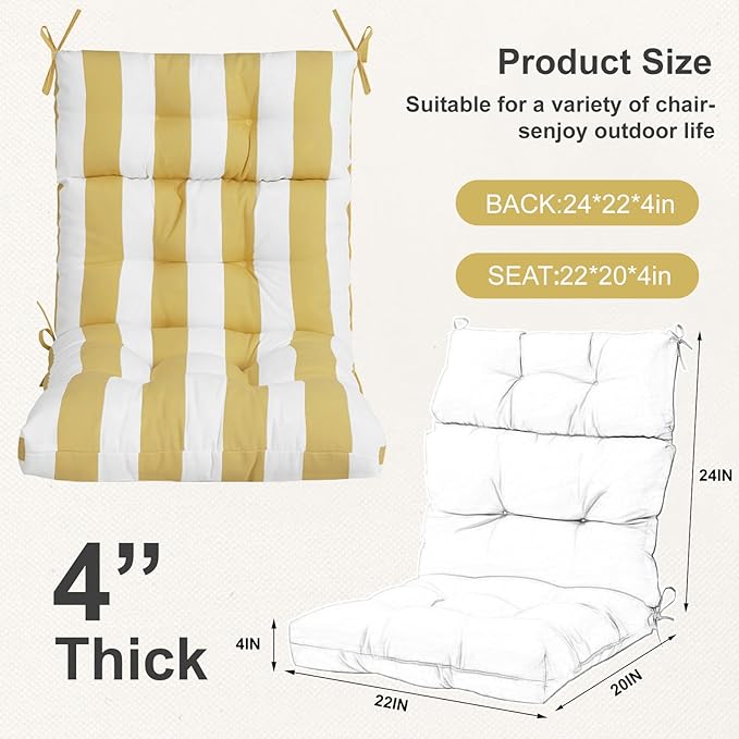 Outdoor High Back Chair Cushions 2-Pack, 44"x22"x 4" Fade-Resistant Waterproof Tufted Pads with Ties for Patio Rocking & Adirondack Chairs (Yellow White)