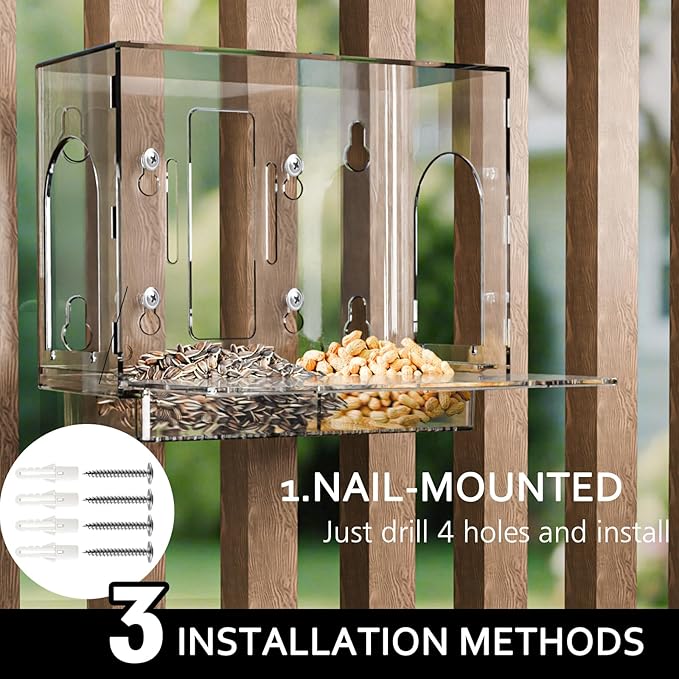 Window Squirrel Feeder for Outside – 3 Mounting Options (Screw/Strap/Suction) which Easy to Install, Weatherproof Squirrel House, No Assembly Required – Ideal Backyard Gift for Father Mother Parent