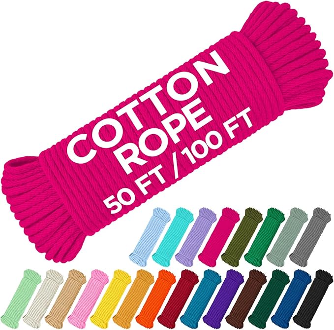 TECEUM Cotton Rope 3/16” (5 mm) – 50 FT – Strong All-Purpose Braided Rope – Natural Cotton – for Crafting, Сamping, Clothes Line, DIY, Indoor & Outdoor Use – Bright Pink