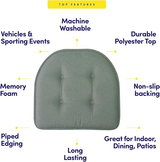 Sweet Home Collection Chair Cushion Memory Foam Pads Tufted Slip Non Skid Rubber Back U-Shaped 17" x 16" Seat Cover, 12 Count (Pack of 1), Scuba Green