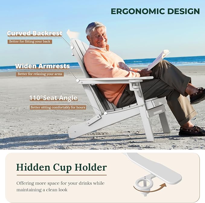 BRIOPAWS Folding-Adirondack-Chair | HDPE Plastic | Fire Pit Chairs | Cup Holder | Curved Back | All Weather | for Outdoor Backyard Deck Patio | White