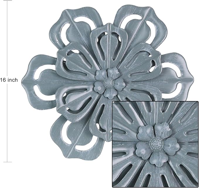 hogardeck Metal Flower Farmhouse Wall Decor, 16" Large Floral Metal Blue Wall Art for Indoor Outdoor, Boho Wall Decor for Bathroom, Living Room, Kitchen, Bedroom, Porch, Garden, Yard