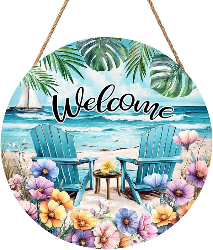 Welcome Spring Summer Sea Chair Door Sign For Front Door Decor,Coastal Beach Palm Leaf Flowers Wooden Sign 12"x 12" Round Summer Hanging Door Sign Decoration for Wall Rustic Decor