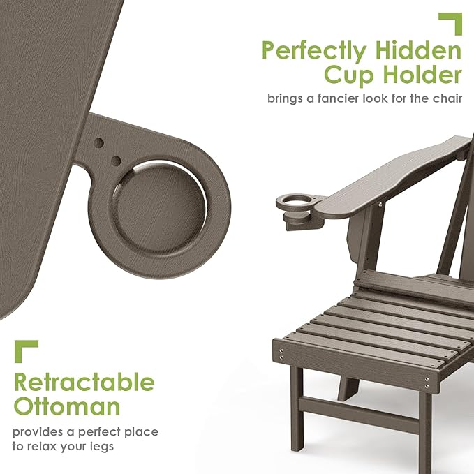GREENVINES Adirondack-Chairs-with-Ottoman | Set of 4 | Wood Grain | Folding | Retractable-Footrest | HDPE Plastic | All Weather Fire Pit Chair | Cup Holders | for Outdoor Poolside