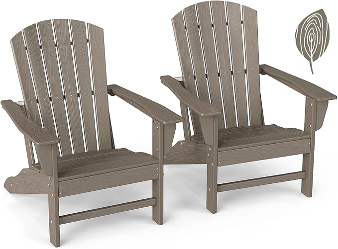GREENVINES Adirondack Chairs Set of 2 | Wood Grain HDPE Plastic | Oversized Fire Pit Chair | All Weather | Desert Brown | Poly Lumber | for Outdoor Deck Backyard Patio Garden