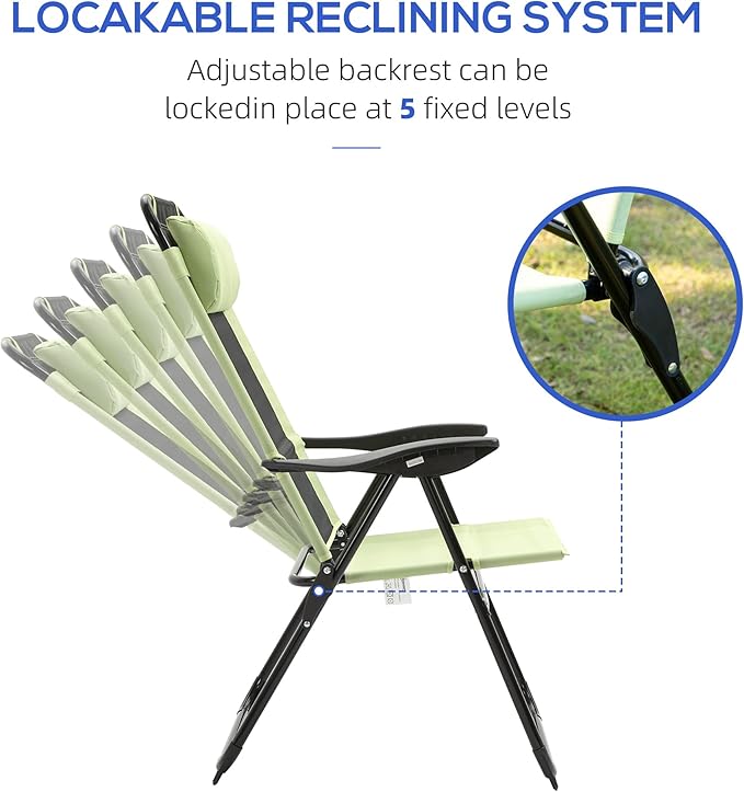 Outsunny Folding Patio Dining Chairs Set of 2, Outdoor Deck Chair with Adjustable Sling Back, Camping Chair with Removable Headrest for Garden, Backyard, Lawn, Green