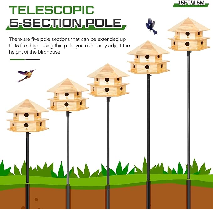 12 Room Purple Martin House Package, Deluxe Complete Birdhouse Kit with 15 ft Adjustable Pole, Ground Socket for Outdoor
