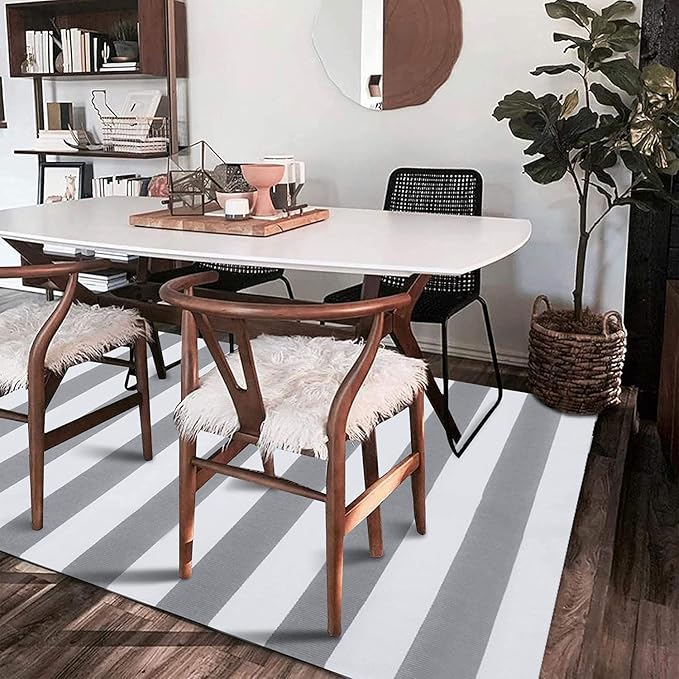 KOZYFLY Grey and White Striped Rug 4'x6' Indoor Outdoor Rug Cotton Hand-Woven Washable Striped Layered Doormats for Front Door/Kitchen/Farmhouse/Entryway/Patio