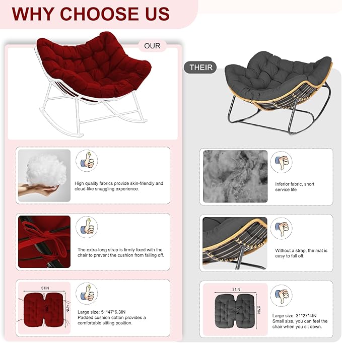 Outdoor Rocking Chair Cushion – Waterproof Wicker Egg Chair Replacement Pad, Thick Papasan Seat Cushion with Ties for Indoor & Outdoor Patio, Porch, Balcony, or Garden (Red)