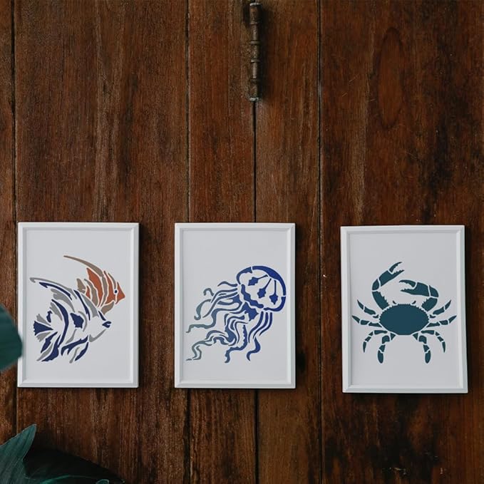 MAYJOYDIY 9pcs Sea Ocean Creatures Stencils 7.8×7.8inch/20×20cm Ocean Animal Painting Stencils with Paint Brush Summer Seahorse Jellyfish Octopus Turtle Template for Canvas Fabric Wall DIY Craft