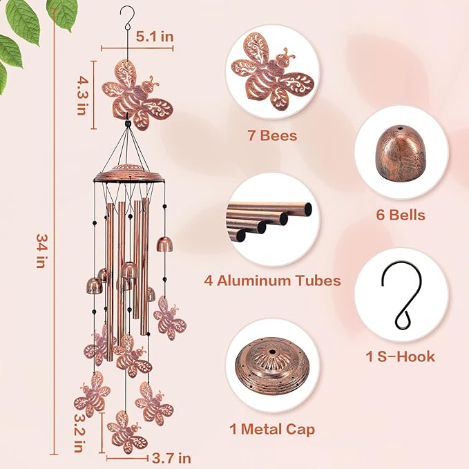 Bee Wind Chimes Outdoor Bee Gifts for Women Mom Men Dad Unique Birthday Metal Honeybee WindChimes for Outside/Indoors, Patio, Lawn, Yard, Home Decor, Outdoor Decor, Garden Decorations