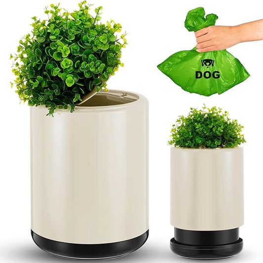Dog Poop Trash Can Outside 13 L/ 3. 4 Gal Dog Waste Trash Can with Lid, Plant-Styled, Double-Layer Design, Outdoor Garbage Container for Front Porch Backyard Office Patio(White)
