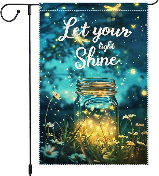 Let Your Light Shine Garden Flag 12x18 Inch Double Sided Small Burlap Summer Outdoor Yard Decor Fireflies Mason Jar Flowers Patio Lawn Porch Decorations