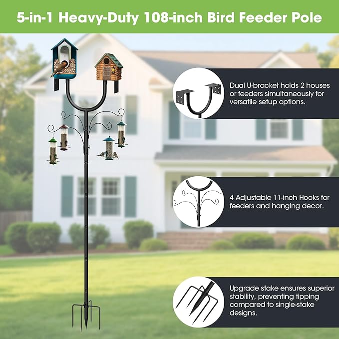 Bird Feeder Pole,Adjustable 47"-108" Heavy Duty Bird House Pole,Upgraded U-Shape Platform,4 Shepherd Hooks for Outdoor Garden & Yard