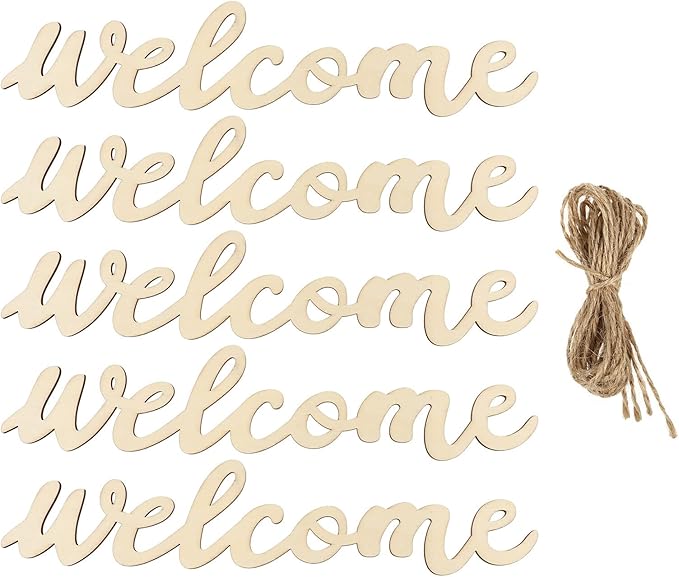 NUOBESTY Wooden Welcome Sign 14.5 Inch Front Door Hanging Plaque with Rope Cursive Wood Letters Home Wall Decor for Porch Entryway Greeting