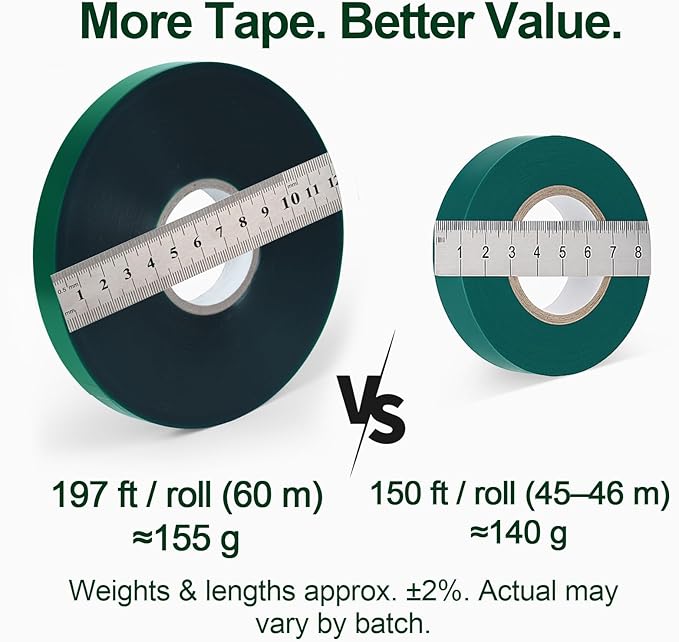 Plant Tie Tape 0.5" × 197 ft – Non-Adhesive Stretch PVC, Cut-to-Length, Weather-Resistant & Reusable Garden Tape for Vines, Tomatoes & Trees, Includes Binder Clip & Mesh Bag