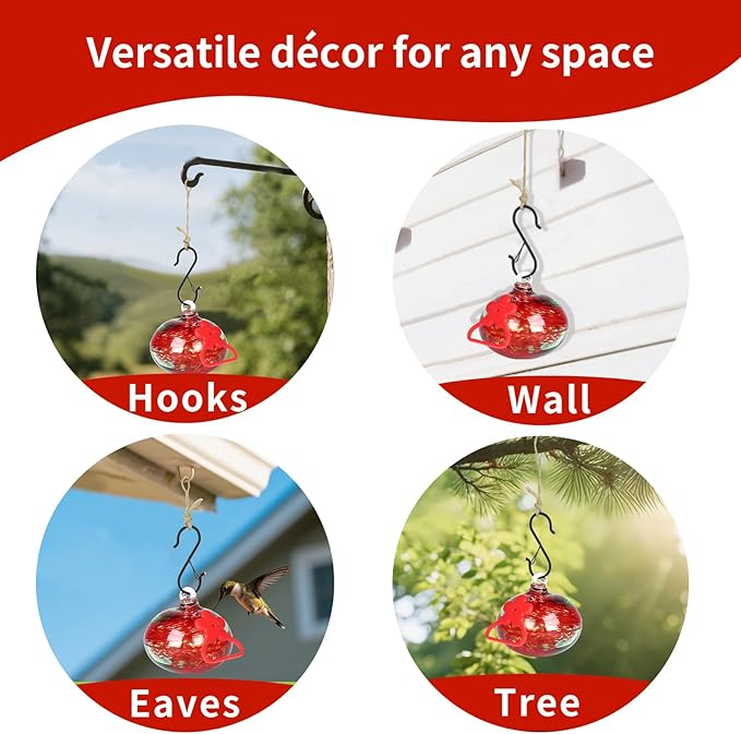 Small Hummingbird Feeders for Outdoors Hanging,Hand-Blown Glass Hummingbird Feeder with Silicone Feeding Perch,Never Leak,Gardening Gifts for Woman Man(Red)