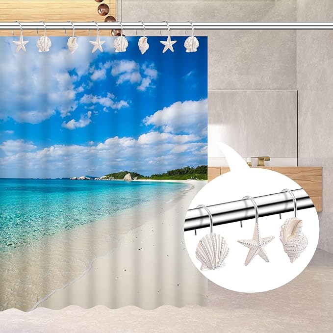 Seashell Shower Curtain Hooks，12PCS Anti Rust Decorative Resin Hooks for Bathroom, Baby Room, Bedroom, Living Room Decor (White Seashell)