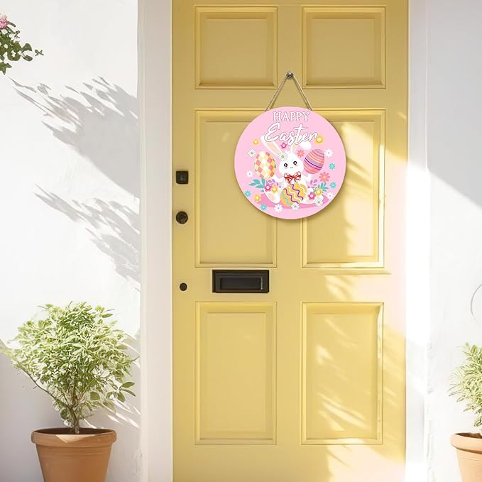 Happy Easter Bunny Front Door Signs Pink Easter Rabbit Eggs Door Hanger Spring Floral Wooden Porch Door Hanging Sign Farmhouse Decorations for Home Holiday Party