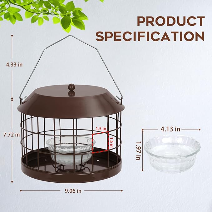 Caged Bluebird Feeder for Mealworms with Glass Bowl, Squirrel Proof Bird Feeder for Small Birds Only, Detachable Hook, Large Space, Outdoors Weatherproof, Metal, Brown