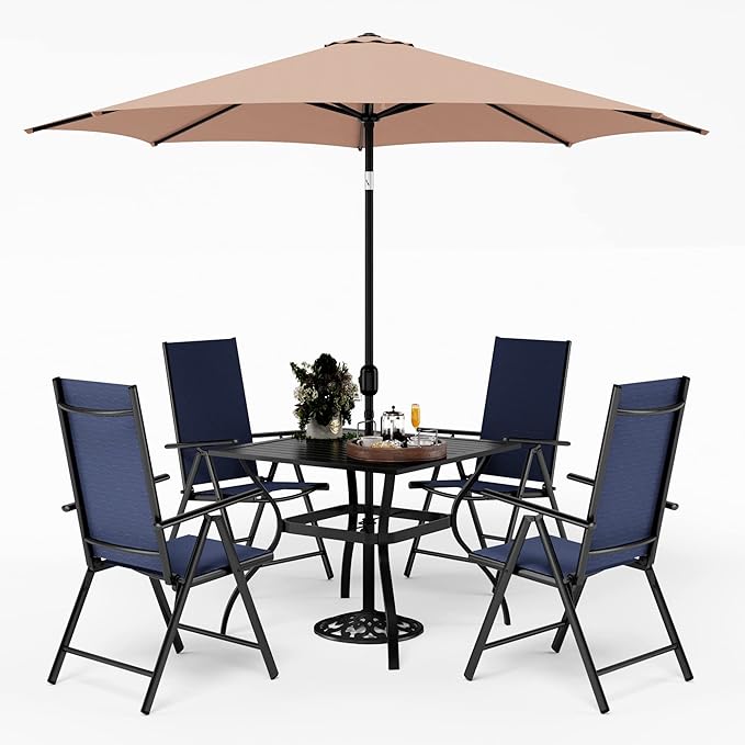 PHI VILLA Outdoor Patio Dining Set for 4 with Umbrella (Beige), Patio Table and Chairs with Adjustable Patio Folding Chairs Blue for Yard and Garden